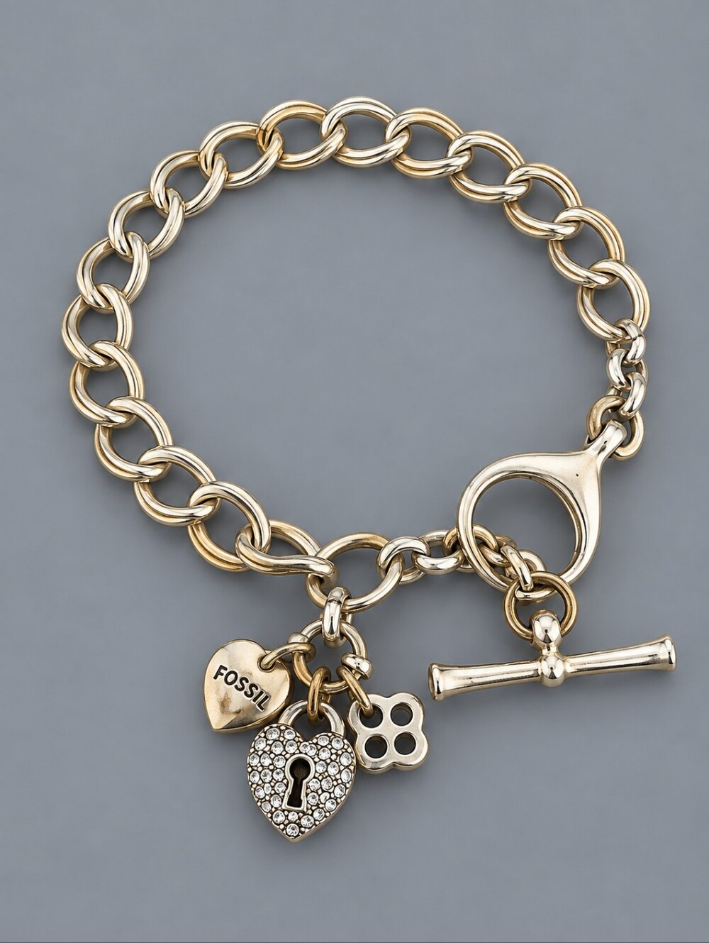 VTG FOSSIL Heart Lock Charm Chain Toggle Tennis Bracelet